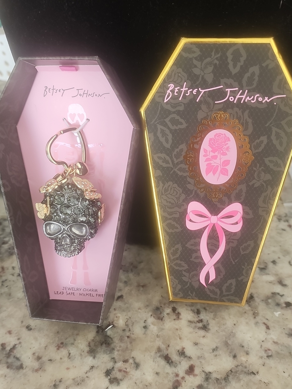 Betsey Johnson Pink and Gunmetal Crystal Skull Charm Keyring